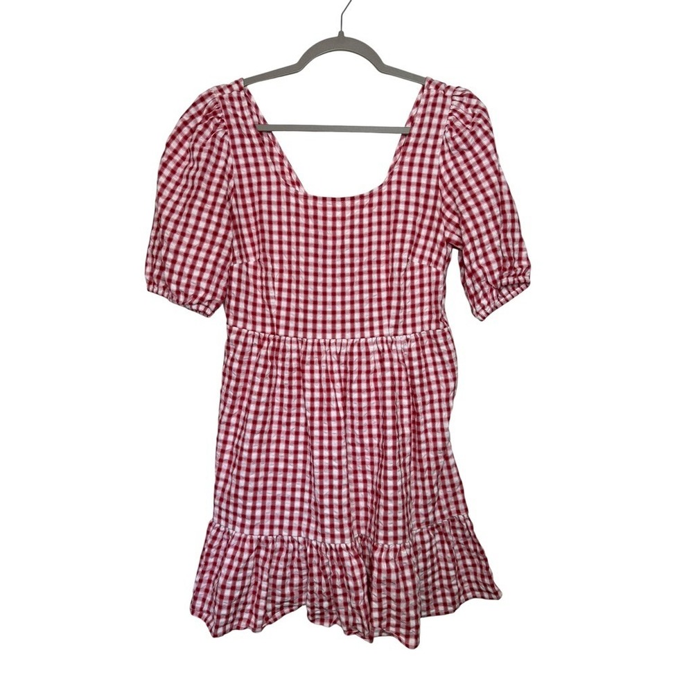 LOFT Red White Gingham Tie Back Puff Sleeve‎ Mini Dress Women 4 Cottagecore